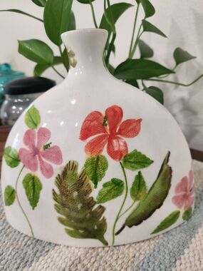 Vintage Hand Painted Tropical Flowers Ceramic Vase